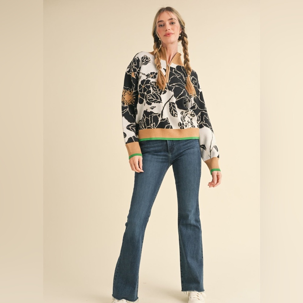 Anthropologie Maeve Montana Mock Neck Half Zip Floral Sweater XL Black White